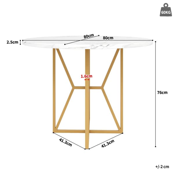 Rundt spisebord 80x80x76 cm - Metalstel - Marmor look finer - Til 2-6 personer - Hvid og guld
