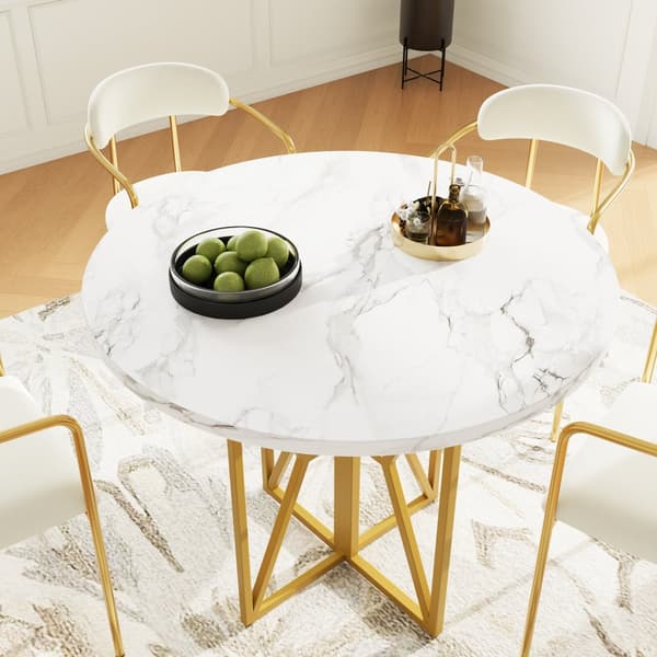 Rundt spisebord 80x80x76 cm - Metalstel - Marmor look finer - Til 2-6 personer - Hvid og guld