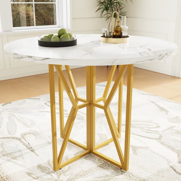 Rundt spisebord 80x80x76 cm - Metalstel - Marmor look finer - Til 2-6 personer - Hvid og guld