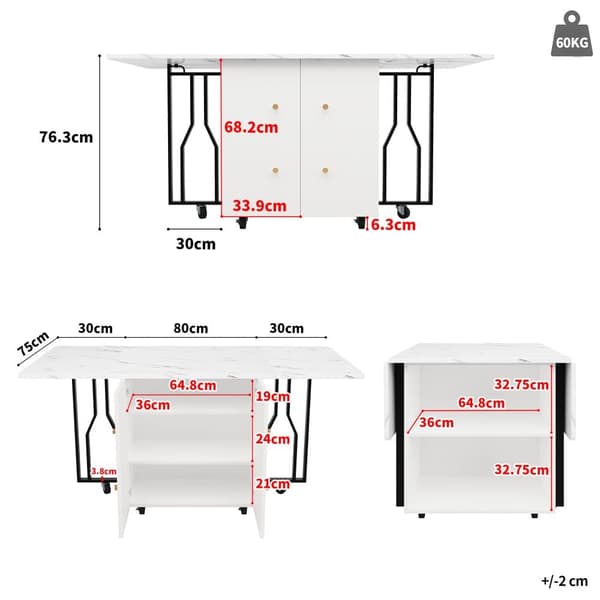 Utdragbart matbord - Metallben - Med 2 dörrar - Med 6 hjul - Vit + svart