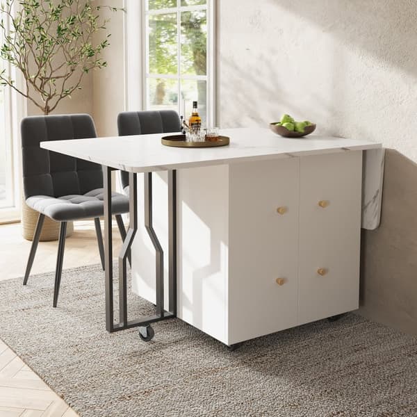 Utdragbart matbord - Metallben - Med 2 dörrar - Med 6 hjul - Vit + svart