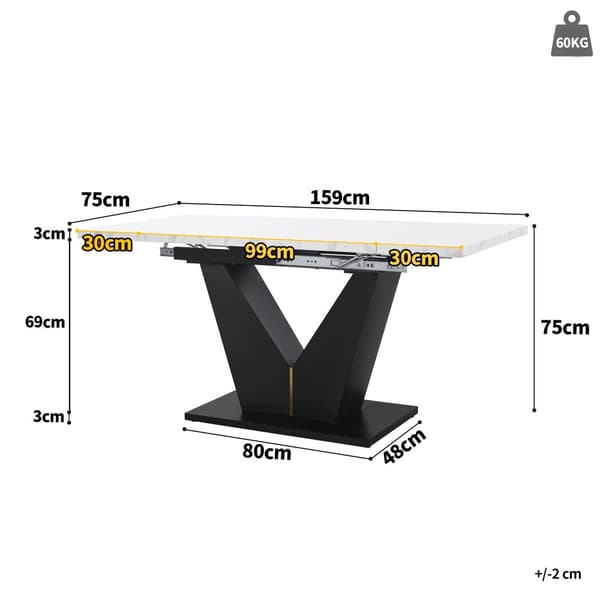 Udtrækkeligt spisebord 99-159x75x75 cm - Til 6-8 personer - Lavet af MDF - Hvid og sort