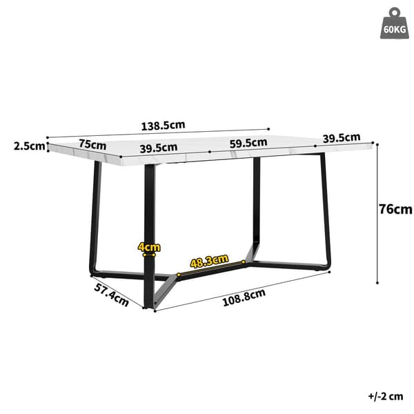 Spisebord 138,5x75x76 cm - Bordplade i kunstig marmor - MDF - Til 4-6 personer - Hvid og sort