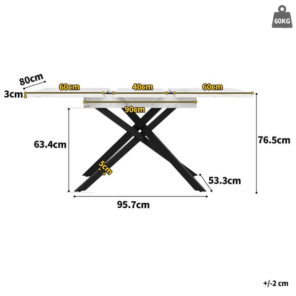 Jatkettava ruokapöytä 120-160x80x76,5cm - 6-8 hengelle - Valmistettu MDF:stä - Valkoinen ja musta
