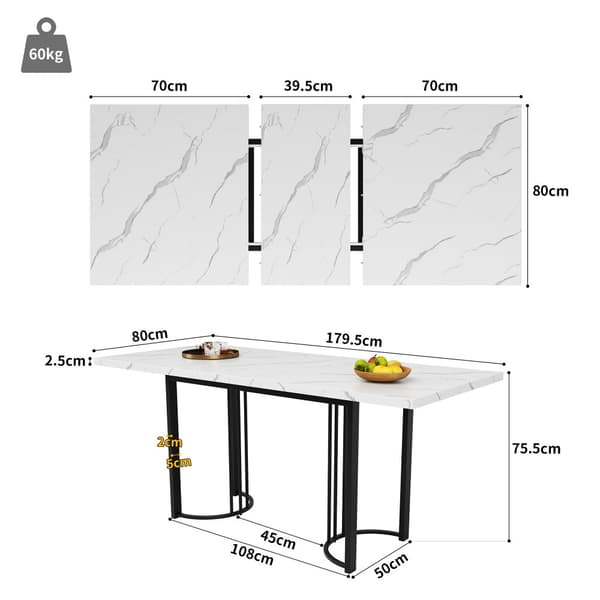 Udtrækkeligt spisebord (140-179,5 x 80 cm) - lavet af MDF og metal - plade med marmorlook - hvid