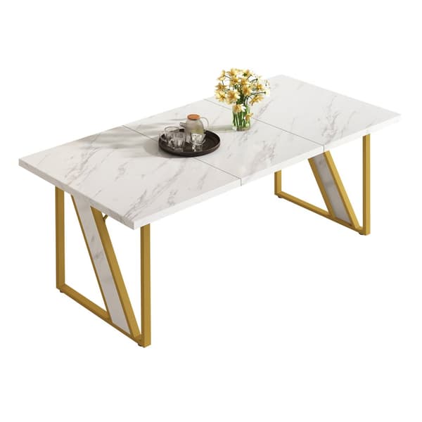 Spisebord til 4 personer - 160×80 cm - Marmormønster - Hvid & guld