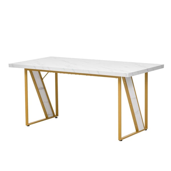 Spisebord til 4 personer - 160×80 cm - Marmormønster - Hvid & guld