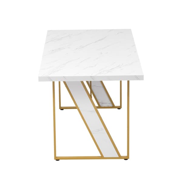 Spisebord til 4 personer - 160×80 cm - Marmormønster - Hvid & guld