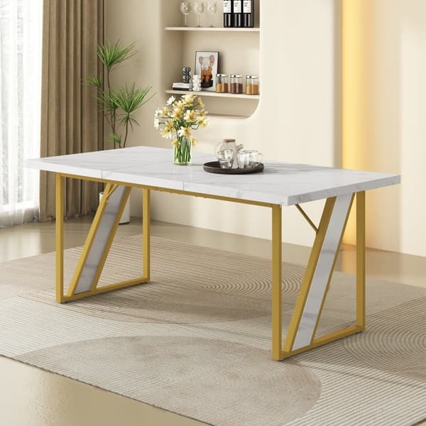 Spisebord til 4 personer - 160×80 cm - Marmormønster - Hvid & guld