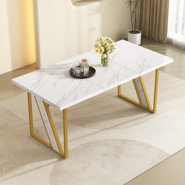 Spisebord til 4 personer - 160×80 cm - Marmormønster - Hvid & guld
