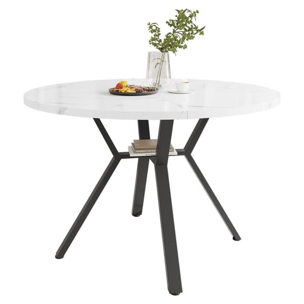 Moderne rundt spisebord (diameter 1 m), X-formet metalfod, marmorbordplade, hvid