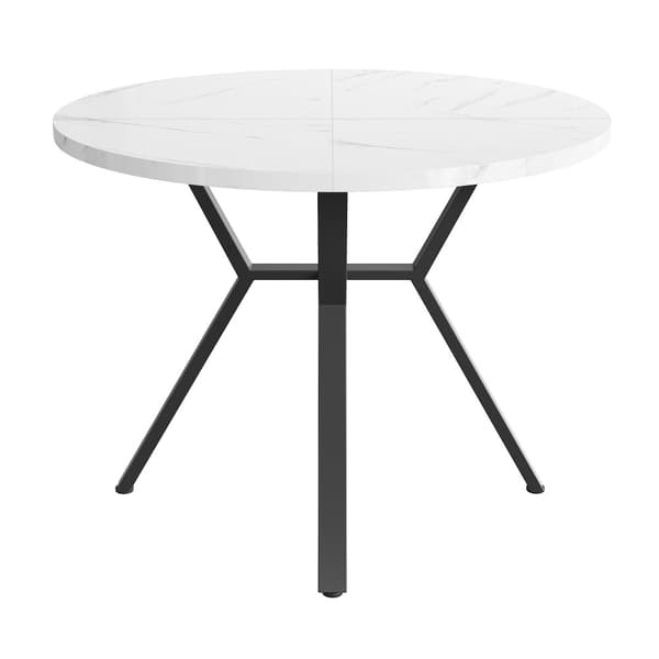 Moderne rundt spisebord (diameter 1 m), X-formet metalfod, marmorbordplade, hvid