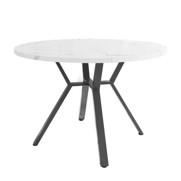 Moderne rundt spisebord (diameter 1 m), X-formet metalfod, marmorbordplade, hvid