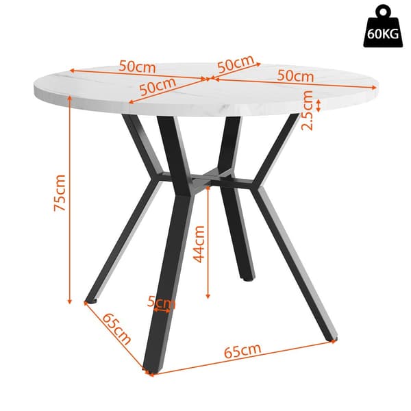 Moderne rundt spisebord (diameter 1 m), X-formet metalfod, marmorbordplade, hvid