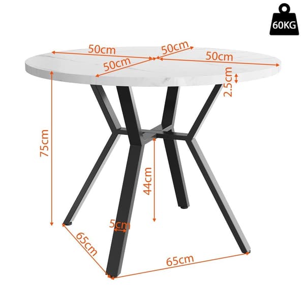 Moderne rundt spisebord (diameter 1 m), X-formet metalfod, marmorbordplade, hvid