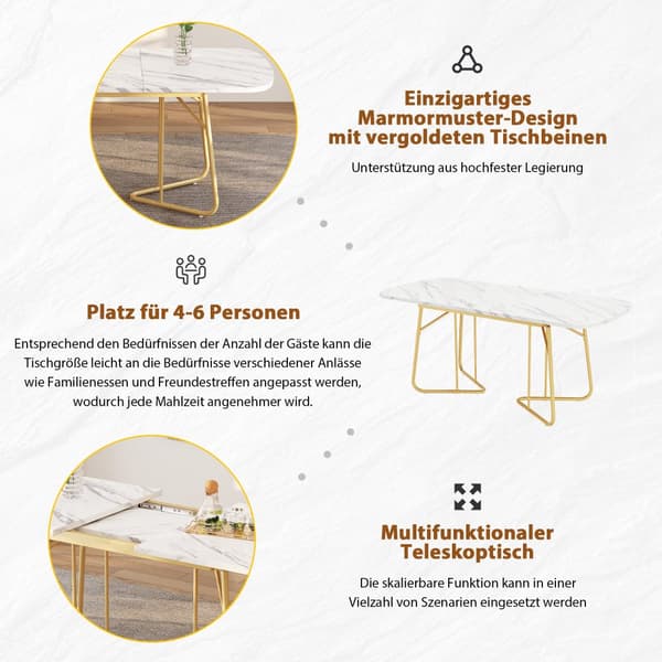 Udtrækkeligt spisebord til 4 til 6 personer lavet af MDF og metal - Marmor-effekt top - Hvid og guld