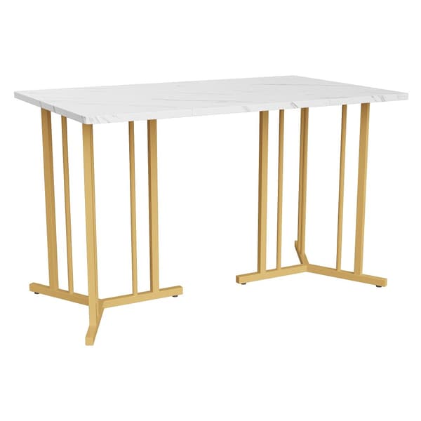 Spisebord 140x80 cm med justerbare ben - Metalstruktur - Finér med marmoreffekt - Hvid og guld