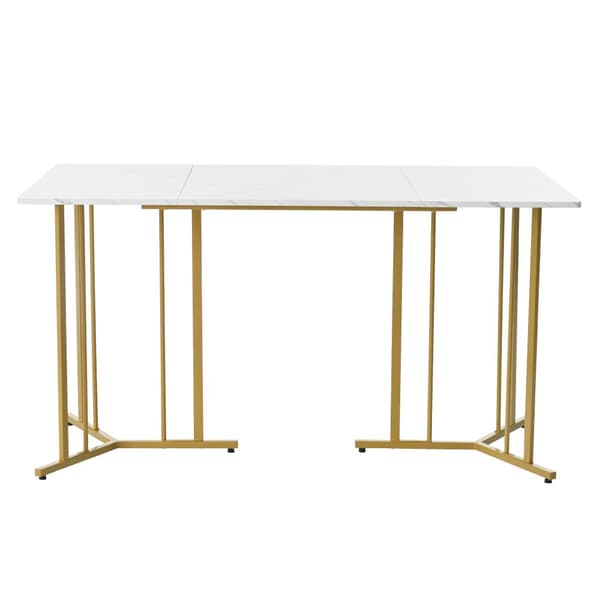 Spisebord 140x80 cm med justerbare ben - Metalstruktur - Finér med marmoreffekt - Hvid og guld