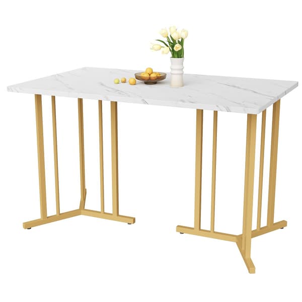 Spisebord 140x80 cm med justerbare ben - Metalstruktur - Finér med marmoreffekt - Hvid og guld