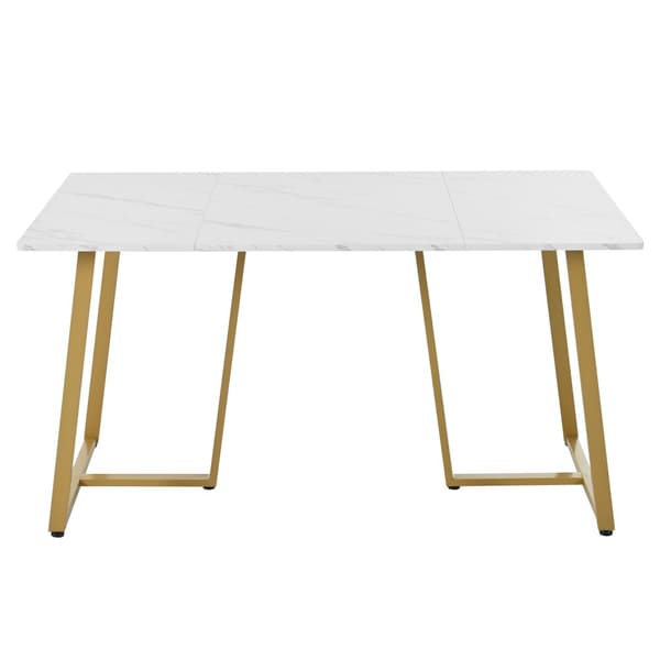 Spisebord 140 x 80 cm - Metalstruktur - Finér med marmoreffekt - Hvid og guld