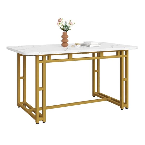 Matbord - Skiva med marmoreffekt - Ben i guldmetall - 120 x 70 cm - Vit och guld