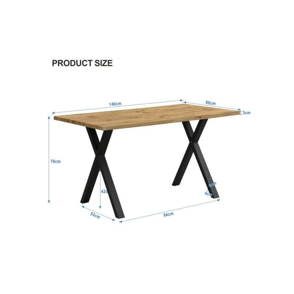 Matbord, korsade ben, rektangulärt matbord, enkelt, smidesjärn, L140*B80*H76cm, ek + svart