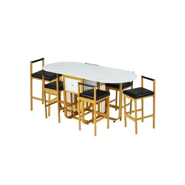 Matbord och stolar, Multifunktionellt teleskopiskt matbord, Matstolar, Vit och guld