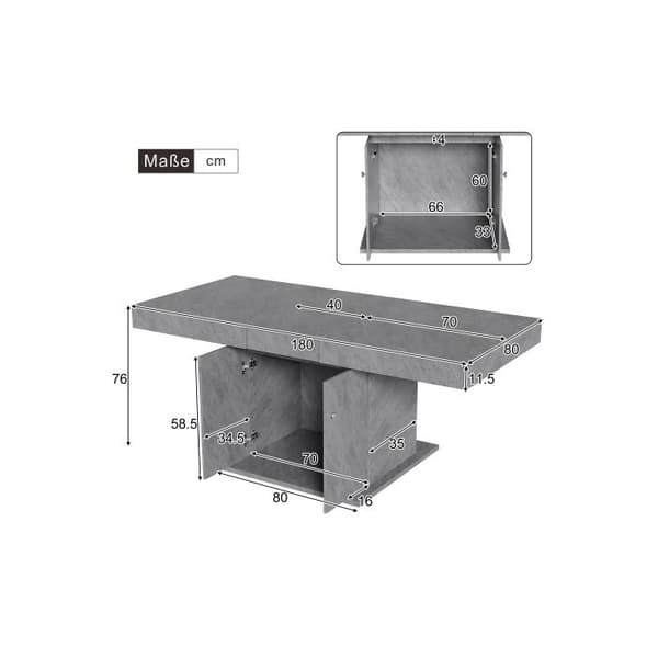 Utvidbart matbord, L140/180*B80*H76cm, matbord med förvaringsutrymme, betongutseende