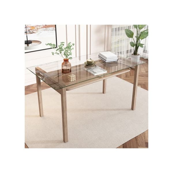 Matsalsbord med förvaringsmöbel, 110*65*74, topp i härdat glas, rottingdesign, beige