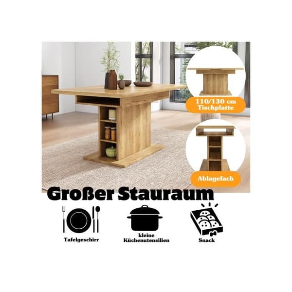 Utökningsbar matbord, L110/130*B70*H75, matbord med naturlig förvaringsutrymme
