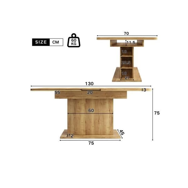 Utökningsbar matbord, L110/130*B70*H75, matbord med naturlig förvaringsutrymme