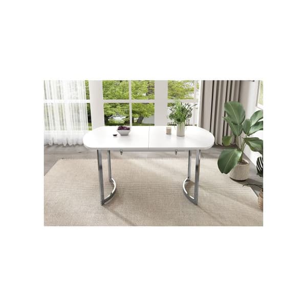 Utdragbar matbord 140/180 x 80 cm, förlängbar längd 180 cm, ben i silvermetall, vit + silverben