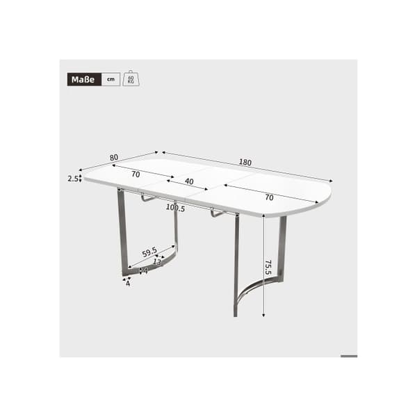 Utdragbar matbord 140/180 x 80 cm, förlängbar längd 180 cm, ben i silvermetall, vit + silverben