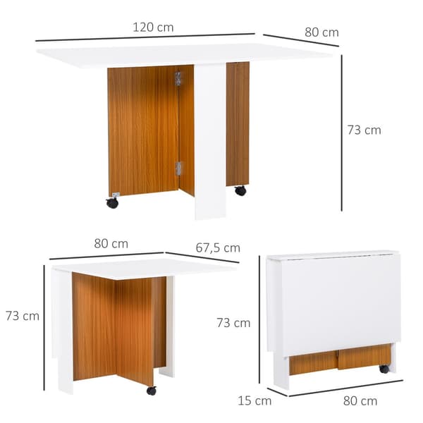 Foldbord, 120x80x73 cm / 80x67.5x73 cm, Hvid og Teak