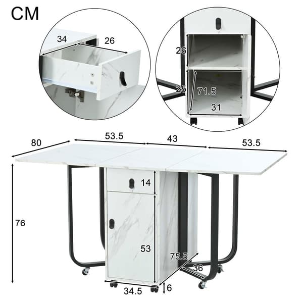 Sammenklappeligt spisebord med opbevaringsskab og 2 skuffer, klapbord med 4 støtteben og hjul, pladsbesparende design, Hvid/Sort