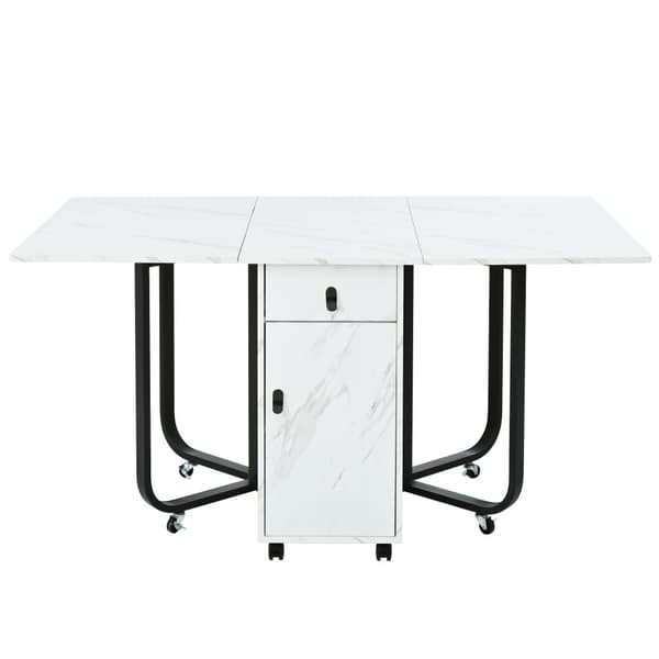 Sammenklappeligt spisebord med opbevaringsskab og 2 skuffer, klapbord med 4 støtteben og hjul, pladsbesparende design, Hvid/Sort