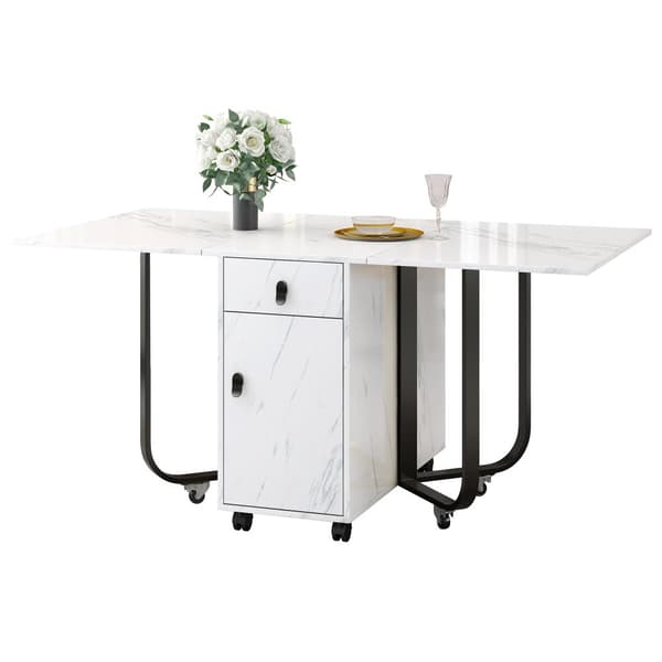 Sammenklappeligt spisebord med opbevaringsskab og 2 skuffer, klapbord med 4 støtteben og hjul, pladsbesparende design, Hvid/Sort