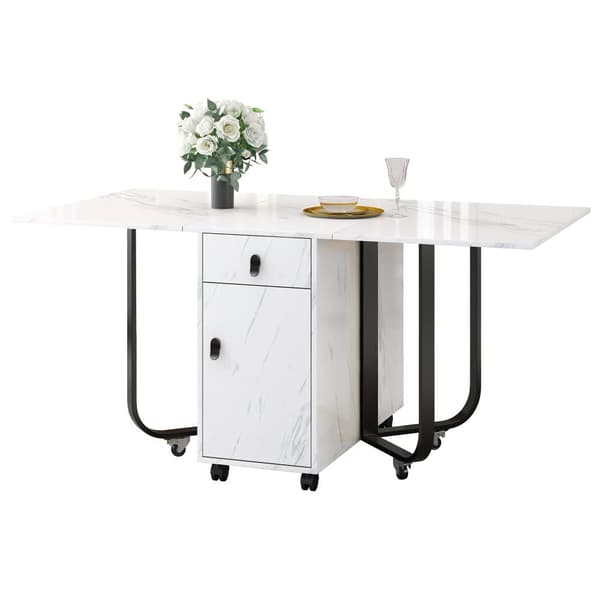 Sammenklappeligt spisebord med opbevaringsskab og 2 skuffer, klapbord med 4 støtteben og hjul, pladsbesparende design, Hvid/Sort