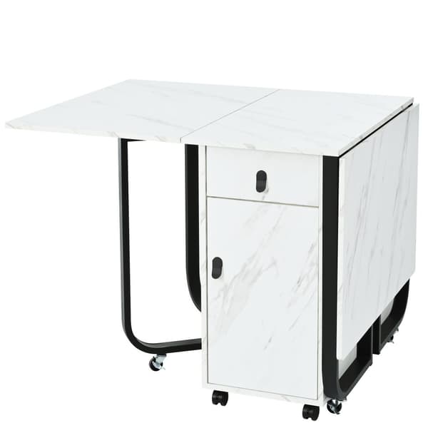 Sammenklappeligt spisebord med opbevaringsskab og 2 skuffer, klapbord med 4 støtteben og hjul, pladsbesparende design, Hvid/Sort