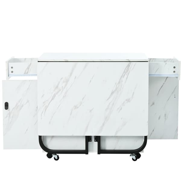 Sammenklappeligt spisebord med opbevaringsskab og 2 skuffer, klapbord med 4 støtteben og hjul, pladsbesparende design, Hvid/Sort