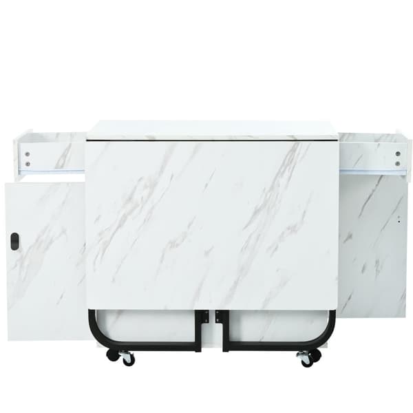Sammenklappeligt spisebord med opbevaringsskab og 2 skuffer, klapbord med 4 støtteben og hjul, pladsbesparende design, Hvid/Sort