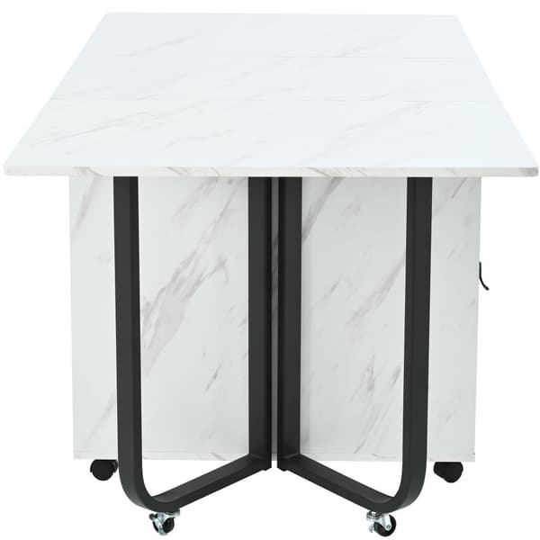 Sammenklappeligt spisebord med opbevaringsskab og 2 skuffer, klapbord med 4 støtteben og hjul, pladsbesparende design, Hvid/Sort
