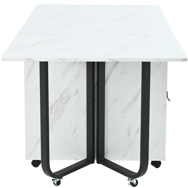 Sammenklappeligt spisebord med opbevaringsskab og 2 skuffer, klapbord med 4 støtteben og hjul, pladsbesparende design, Hvid/Sort