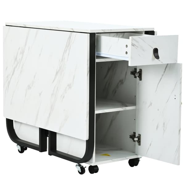 Sammenklappeligt spisebord med opbevaringsskab og 2 skuffer, klapbord med 4 støtteben og hjul, pladsbesparende design, Hvid/Sort