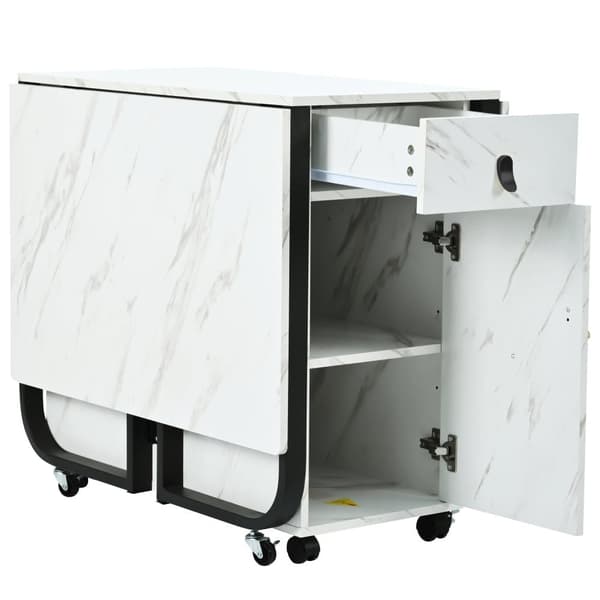 Sammenklappeligt spisebord med opbevaringsskab og 2 skuffer, klapbord med 4 støtteben og hjul, pladsbesparende design, Hvid/Sort