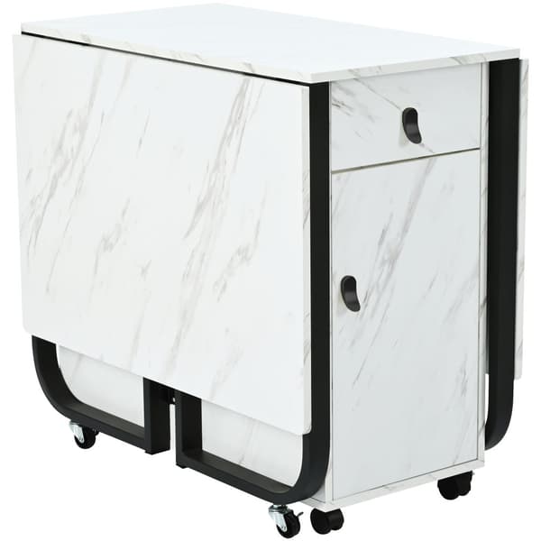 Sammenklappeligt spisebord med opbevaringsskab og 2 skuffer, klapbord med 4 støtteben og hjul, pladsbesparende design, Hvid/Sort