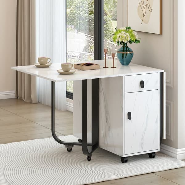 Sammenklappeligt spisebord med opbevaringsskab og 2 skuffer, klapbord med 4 støtteben og hjul, pladsbesparende design, Hvid/Sort