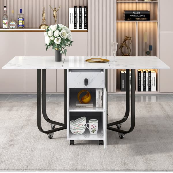 Sammenklappeligt spisebord med opbevaringsskab og 2 skuffer, klapbord med 4 støtteben og hjul, pladsbesparende design, Hvid/Sort