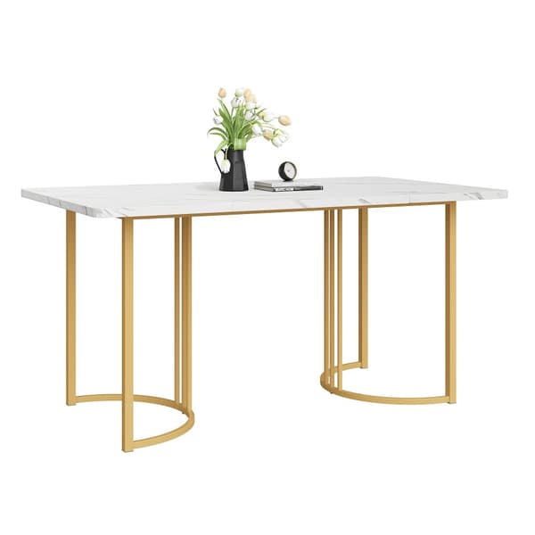 Matbord 140x80 cm – Rektangulärt köksbord med marmormönstrad topp och guldfärgade metallben, vit/guld