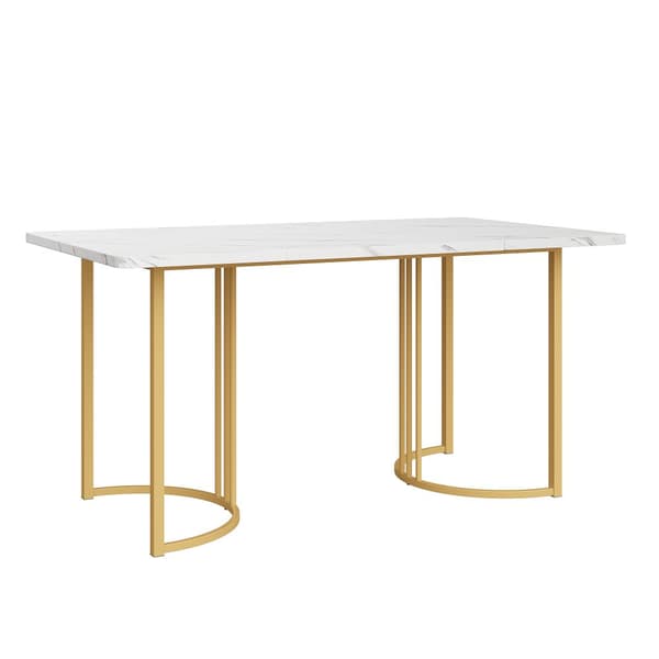 Matbord 140x80 cm – Rektangulärt köksbord med marmormönstrad topp och guldfärgade metallben, vit/guld